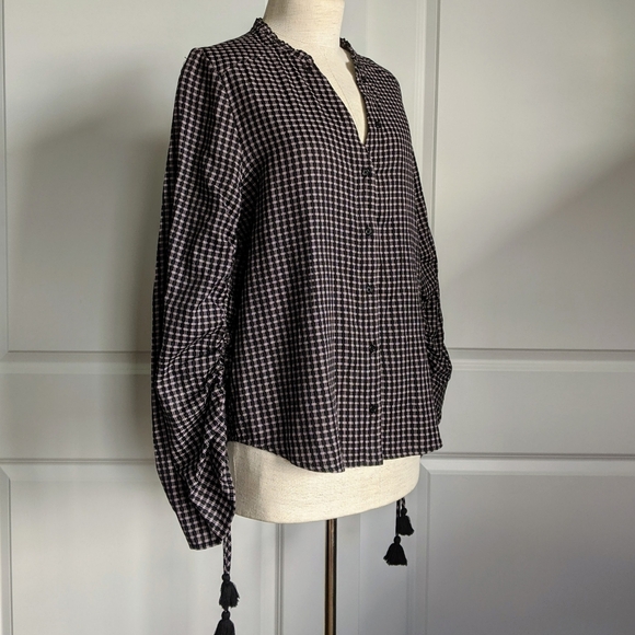 PAIGE Plaid Button Front Split Neck Ruffle Long Sleeve Tassel Black Mauve M NWT - Picture 4 of 14